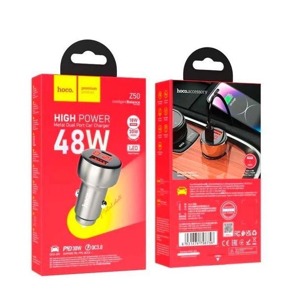 Автомобільний зарядний пристрій у прикурювач "HOCO" 48W (PD30W + QC3.0, 1 Type-C / 1 USB, 3A) 70918 фото