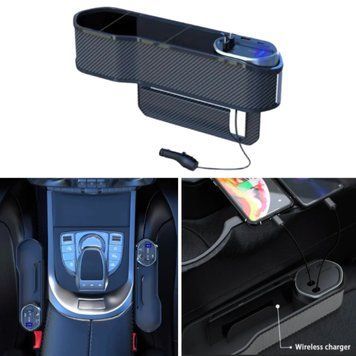 Органайзер в авто поміж консоллю та сидінням Carbon 30 см (USB + Type-C + Lightning) QC3.0 71551 фото