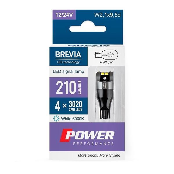 Светодиод белый T15 (W16W) 12V-24V "Brevia" Canbus 210Lm (2шт) 69858 фото